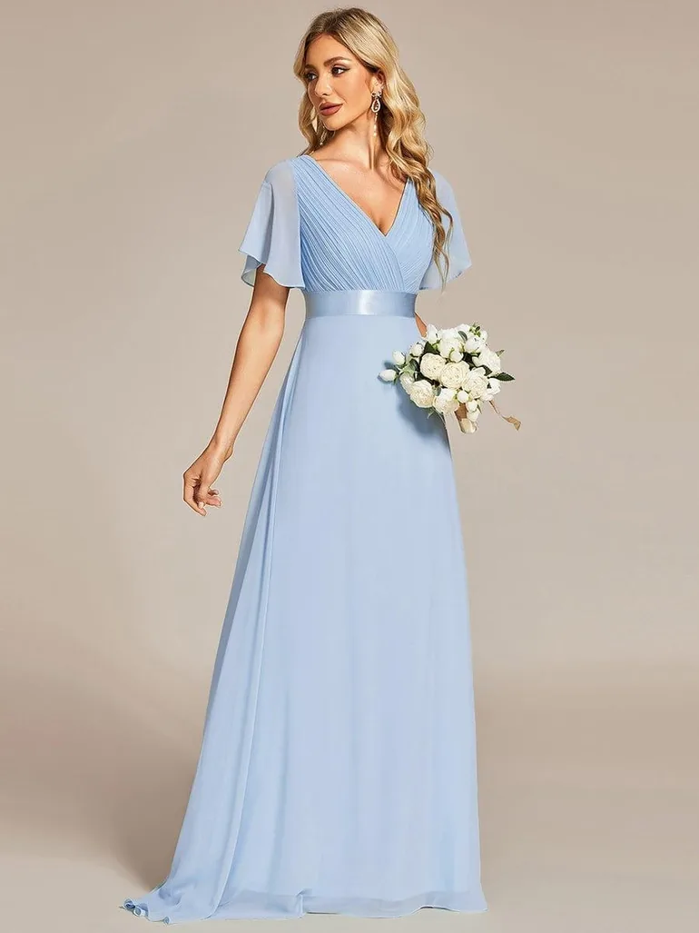 ever MONICA|Long Empire Waist Bridesmaid Dress with Short Flutter Sleeves - 2