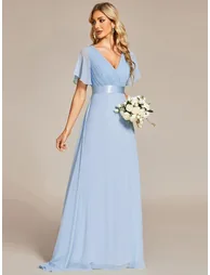 ever MONICA|Long Empire Waist Bridesmaid Dress with Short Flutter Sleeves - 2