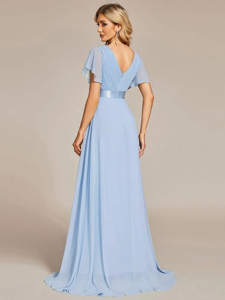 ever MONICA|Long Empire Waist Bridesmaid Dress with Short Flutter Sleeves - 1