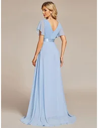 ever MONICA|Long Empire Waist Bridesmaid Dress with Short Flutter Sleeves - 1