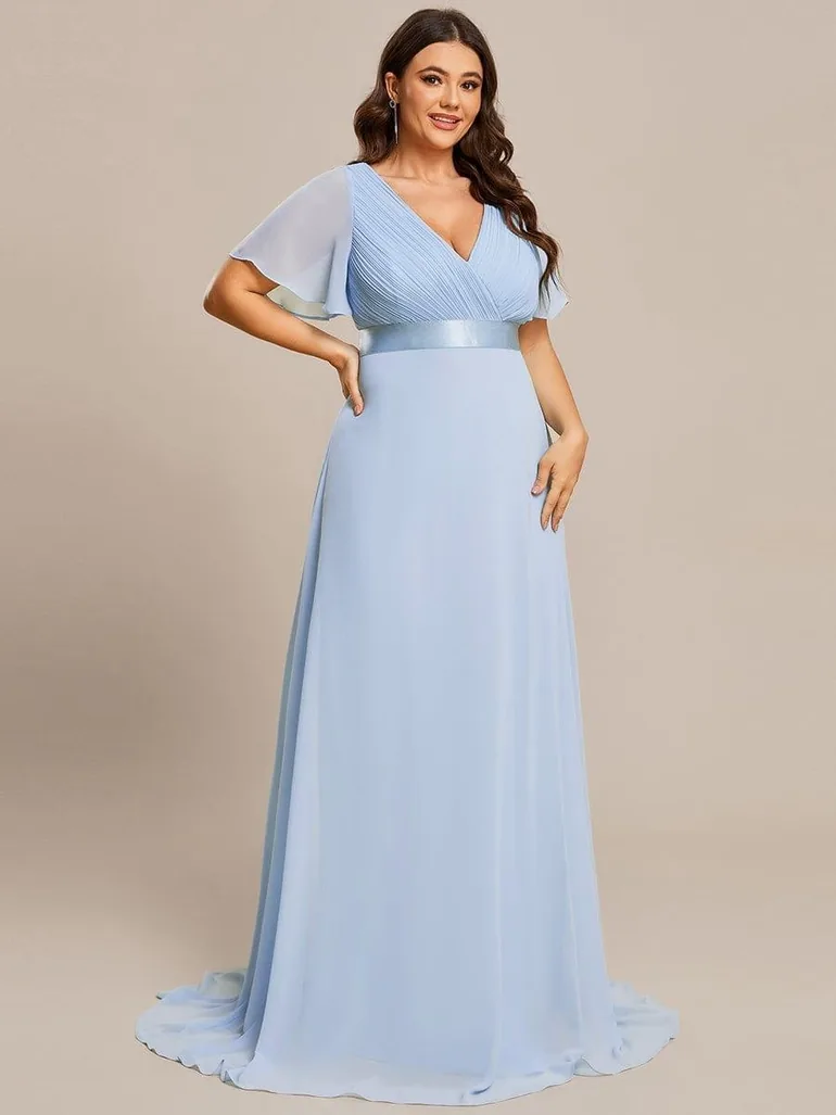 ever MONICA|Long Empire Waist Bridesmaid Dress with Short Flutter Sleeves - 5
