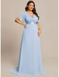 ever MONICA|Long Empire Waist Bridesmaid Dress with Short Flutter Sleeves - 5