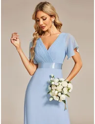 ever MONICA|Long Empire Waist Bridesmaid Dress with Short Flutter Sleeves - 3