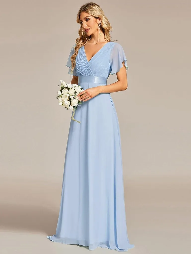 ever MONICA|Long Empire Waist Bridesmaid Dress with Short Flutter Sleeves - 4