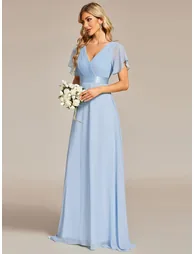 ever MONICA|Long Empire Waist Bridesmaid Dress with Short Flutter Sleeves - 4