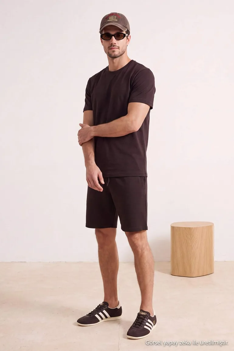 Dark Brown 3-Piece Regular/Normal Fit T-Shirt, Sweatpants, Shorts Tracksuit Set - 8