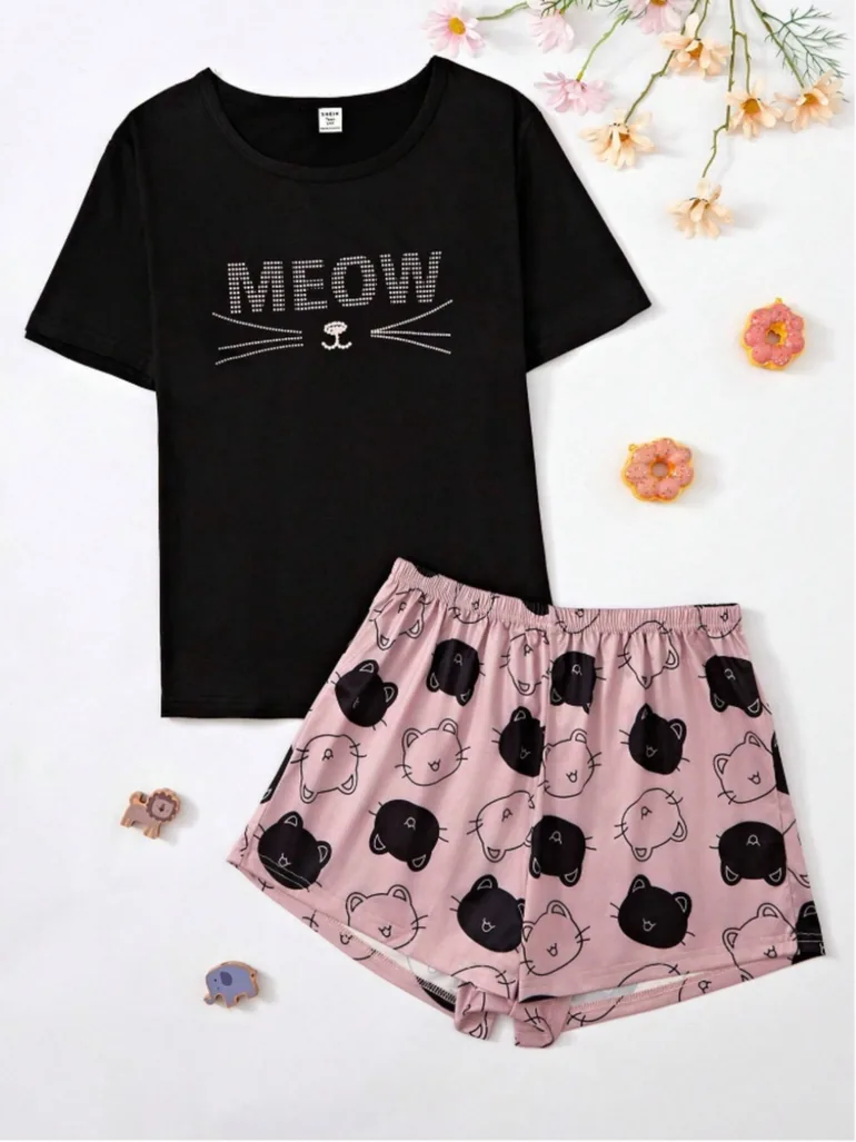 Black Cat Print T-Shirt and Shorts Set