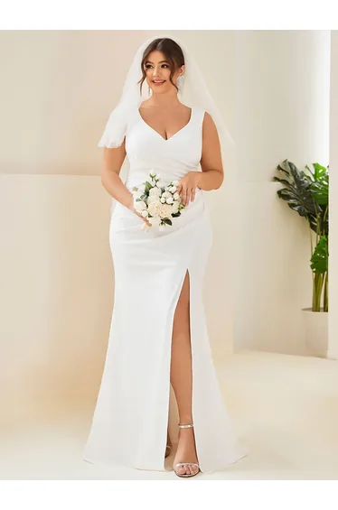 pretty ARDEN|Plus Size Deep V-Neck Sleeveless High Slit Simple Wedding Dress