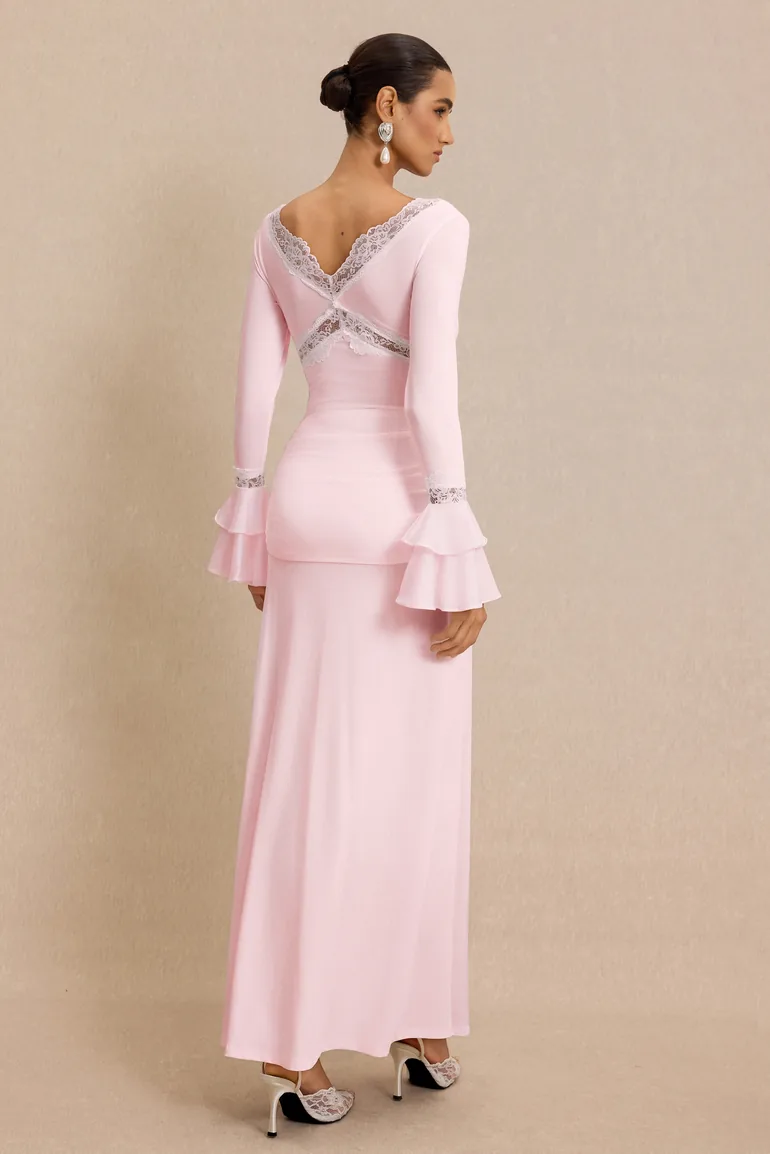 Lace Splicing Jersey Frill Maxi Dress - 1