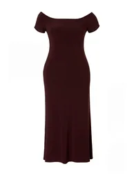 Brown Carmen Collar Stretchy Knitted Maxi Shift Plus Size Dress - 3