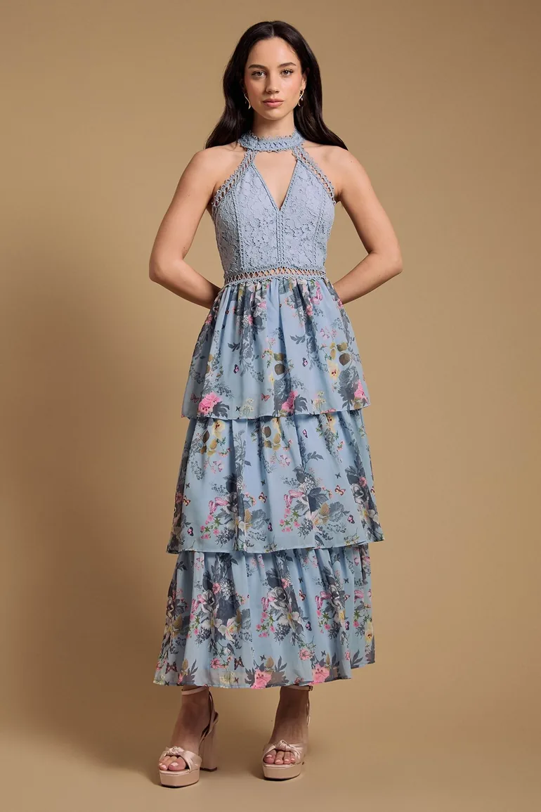 Lace Tiered Halter Neck Midi Dress