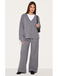 Charcoal Heavy Brushed Rib Slouchy Wide Leg Trousers