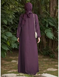 Women Solid Cuffed Sleeves Jalabiya with Zip Front - 2