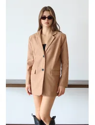 Brown woven suede long jacket mini skirt bottom top set - 2