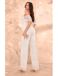 Butter Cream Shimmer Plisse Bardot Jumpsuit - 1
