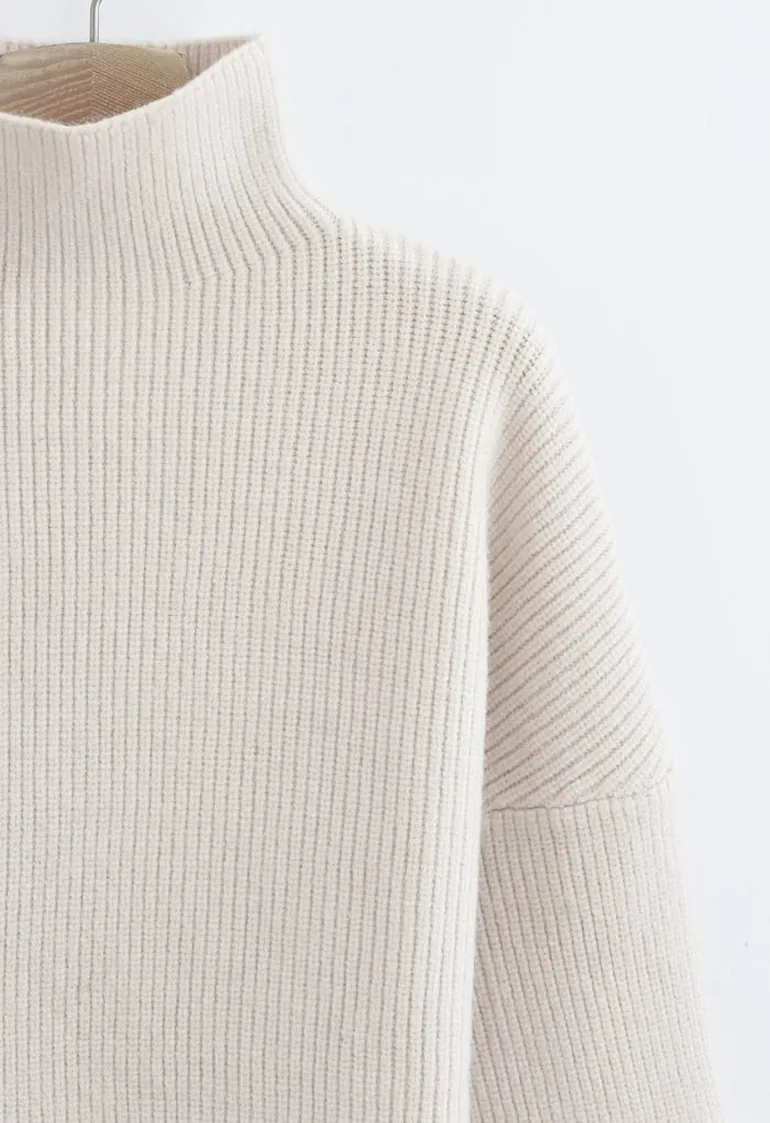Batwing Sleeves Turtleneck Rib Knit Sweater in Cream - 6