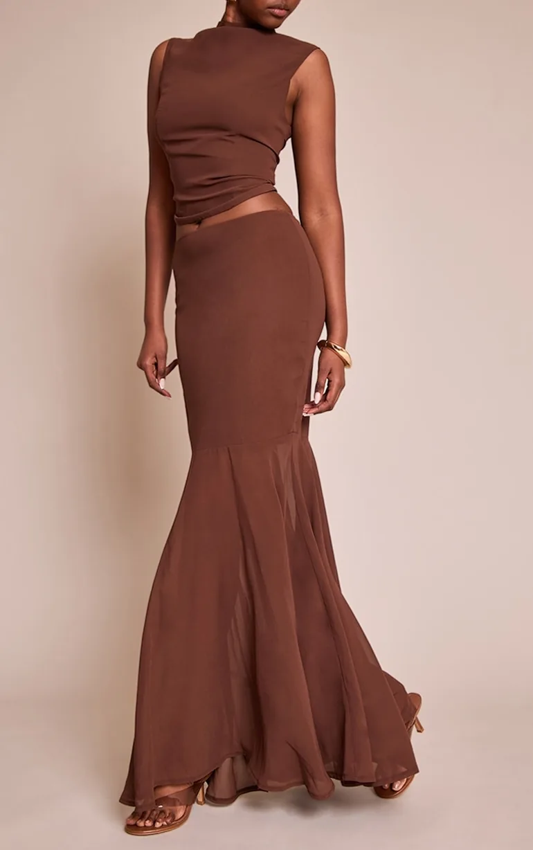 Chocolate Brown  Chiffon Fishtail Maxi Skirt - 1