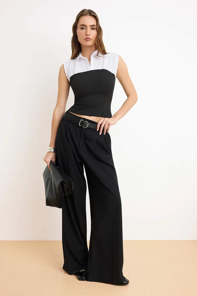 Black Shirt Detailed Woven Blouse