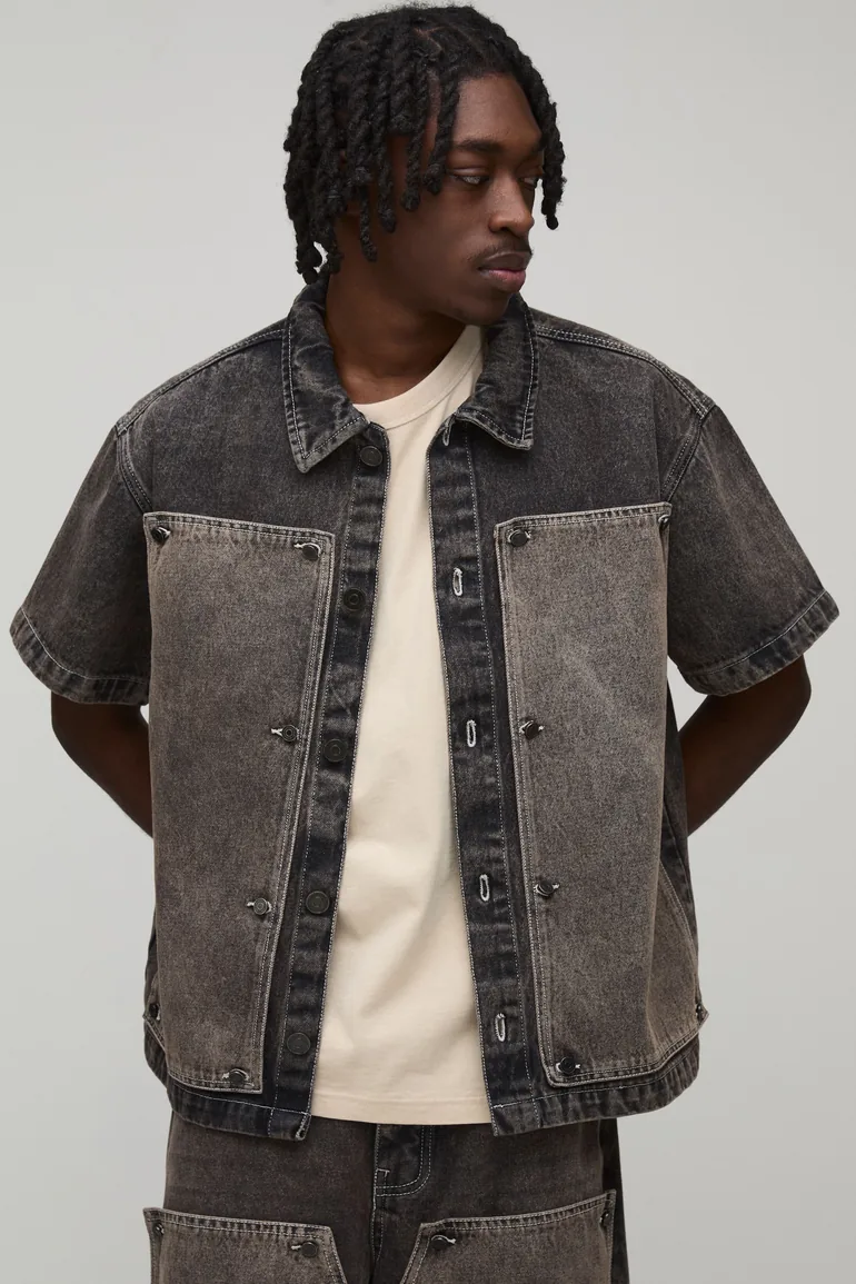 Removable Carpenter Panel Boxy Oversized Denim Shirt - stone