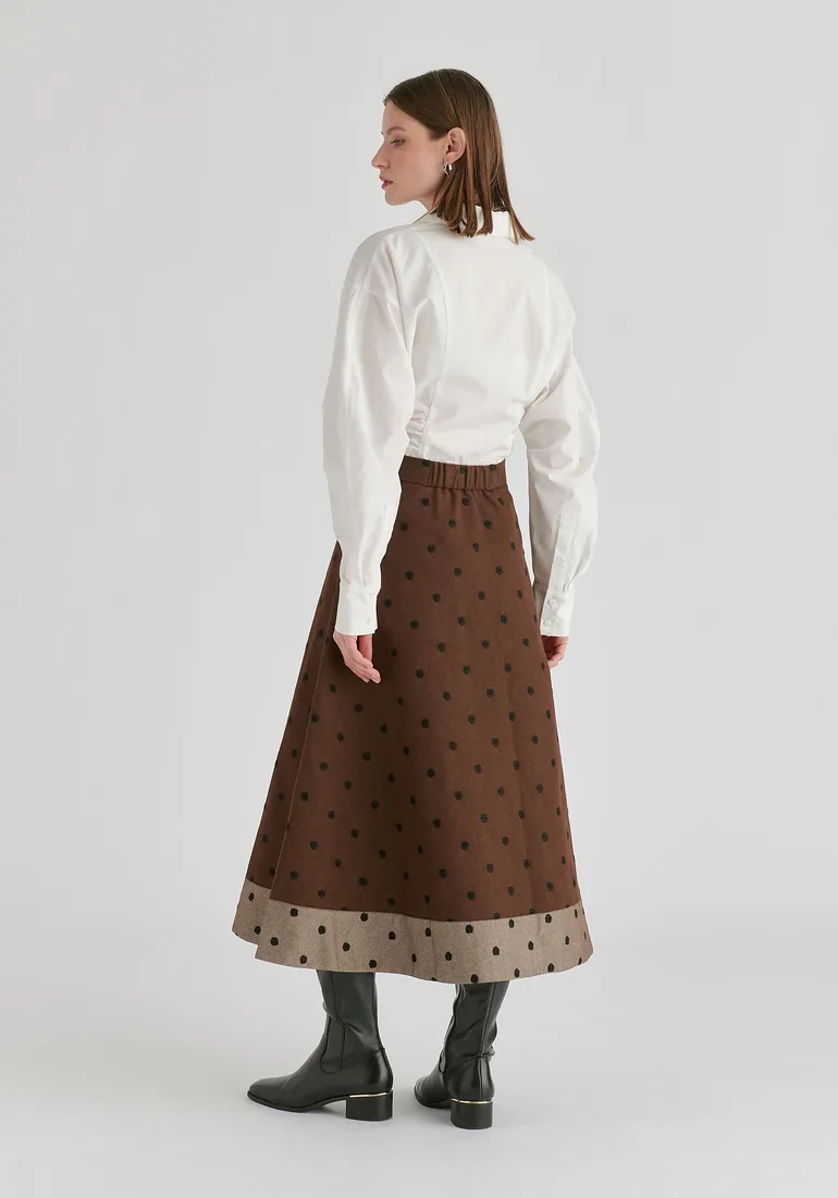 Embroidered Polka Dot A-Line Denim Skirt with Contrast Hem - 3