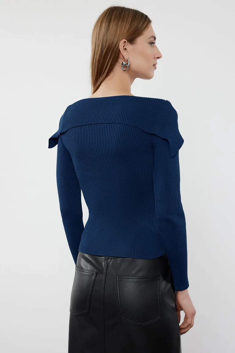 Navy Blue Collar Detailed Knitwear Sweater - 4