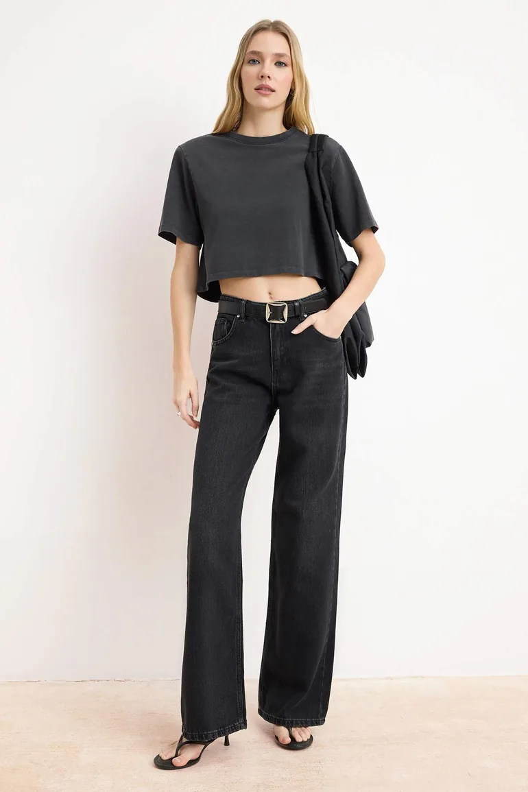 Black Soft Tencel Blended High Waist Wide Leg Jeans