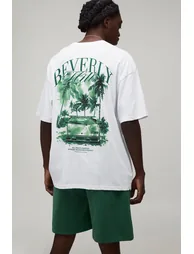 Oversized Neck Beverly Hills Palm Print T-Shirt & Short Set - white - 1