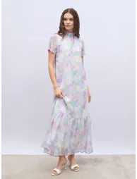 Printed High Neck Short Sleeve Maxi Dress - 1