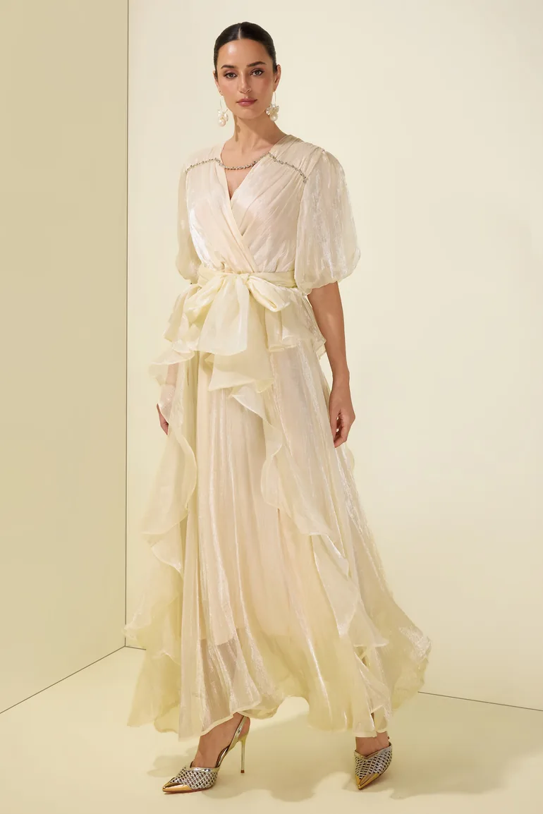 Rhinestone Rivets Ruffle Puff Sleeve Maxi Dress - 5