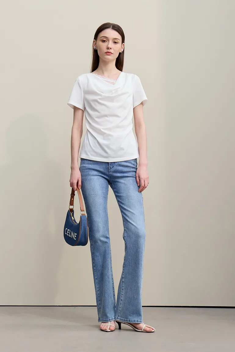Lace Spliced Cowl Neck T-Shirt - 3