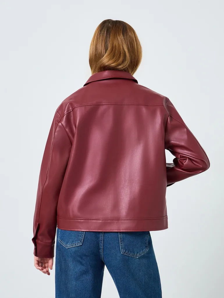 Women Burgundy Zip Up Faux Leather Jacket - 5