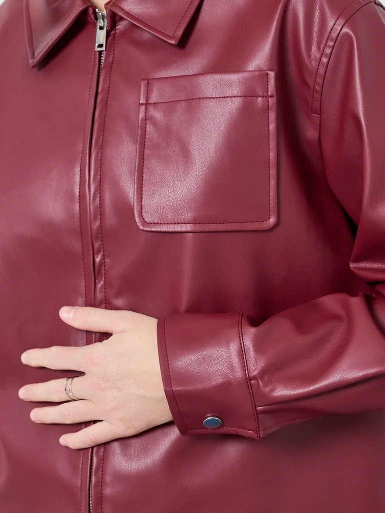 Women Burgundy Zip Up Faux Leather Jacket - 4