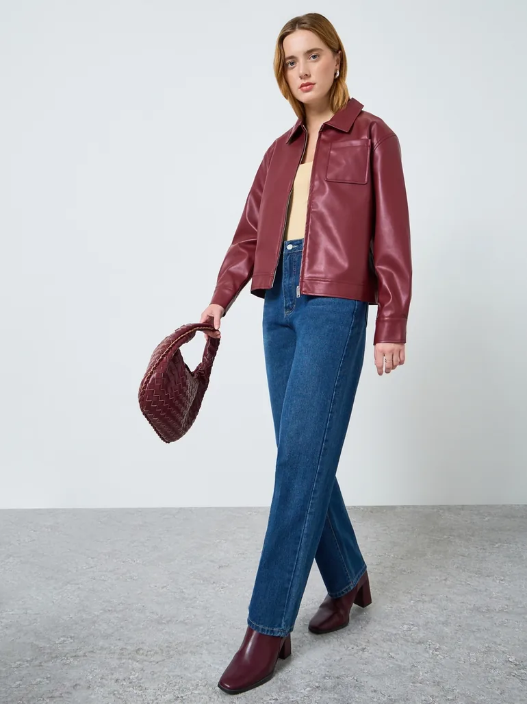 Women Burgundy Zip Up Faux Leather Jacket - 2