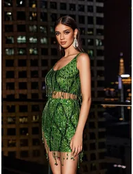 Colette Crystal Chain Fringe Split Skirt Set In Green - 4