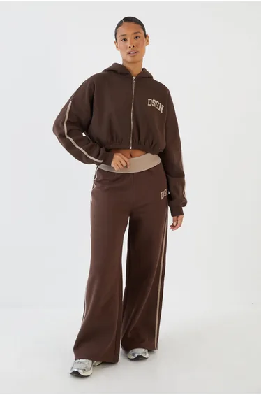 DSGN Studio Side Stripe Boxy Crop Zip Through Hoodie - dark chocolate