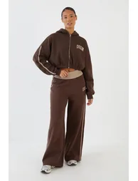 DSGN Studio Side Stripe Boxy Crop Zip Through Hoodie - dark chocolate