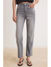 Gray High Waist Az Stretchy Straight Straight Cut Jeans - 2