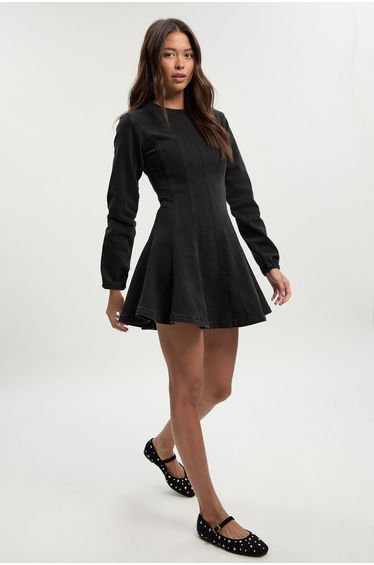 Long Sleeve Seam Detail Denim Dress - washed black