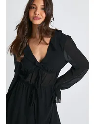 Long Sleeve Ruched Mini Dress With Frill Detail - black - 3