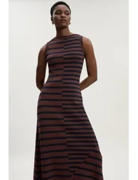 Asymmetric Hem Cut About Stripe Sleeveless Knitted Midi Dress - 2