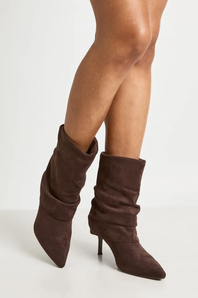 Faux Suede Fold Over Slouchy Low Stiletto Ankle Boots - chocolate
