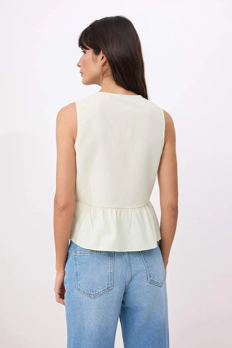 Yellow Striped Front Tie Detail Sleeveless Woven Blouse - 3