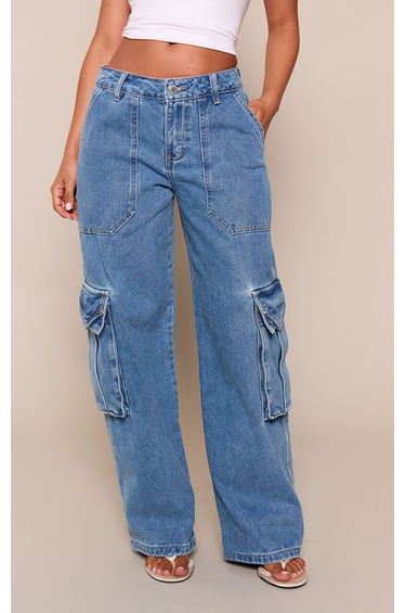 Petite Mid Blue Cargo Pocket Detail Slouchy Jean product thumbnail 2