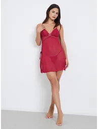 Heart Mesh Scallop Edge Lace Slip with Side Slits and Brief