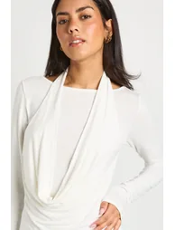 Halterneck Cowl Double Layer Long Sleeve Top - white - 3