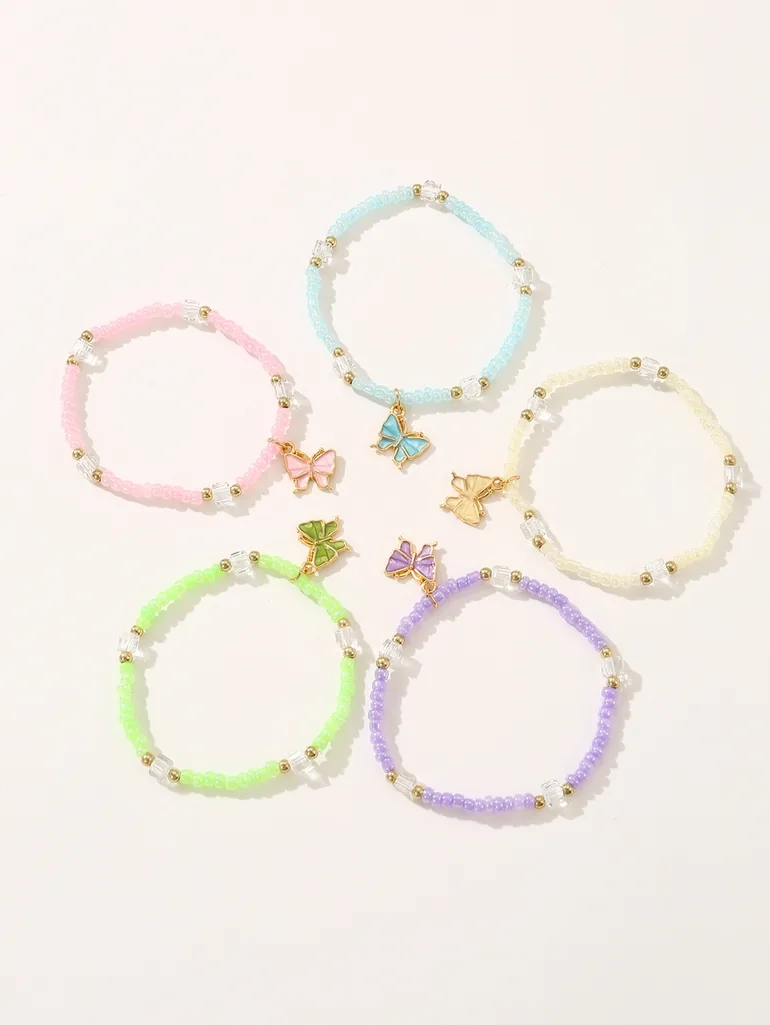 Pack of 5 - Girls Multi-Color Pastel Butterfly Charm Beaded Bracelets - 2