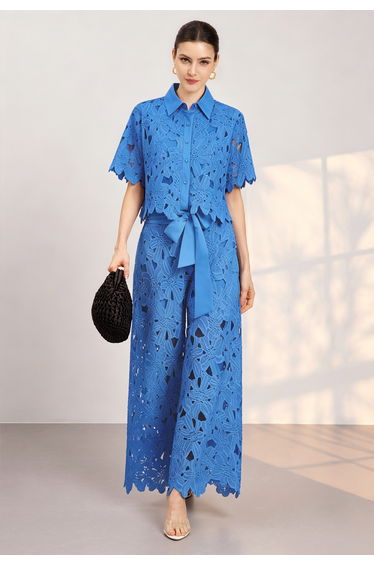 Guipure Lace Crop Shirt and Tie-Waist Pants Set in Royal Blue for Resort Vacations & Daytime Occasions