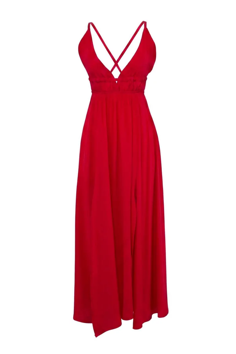 Red Woven Drawstring Maxi Beach Dress - 1