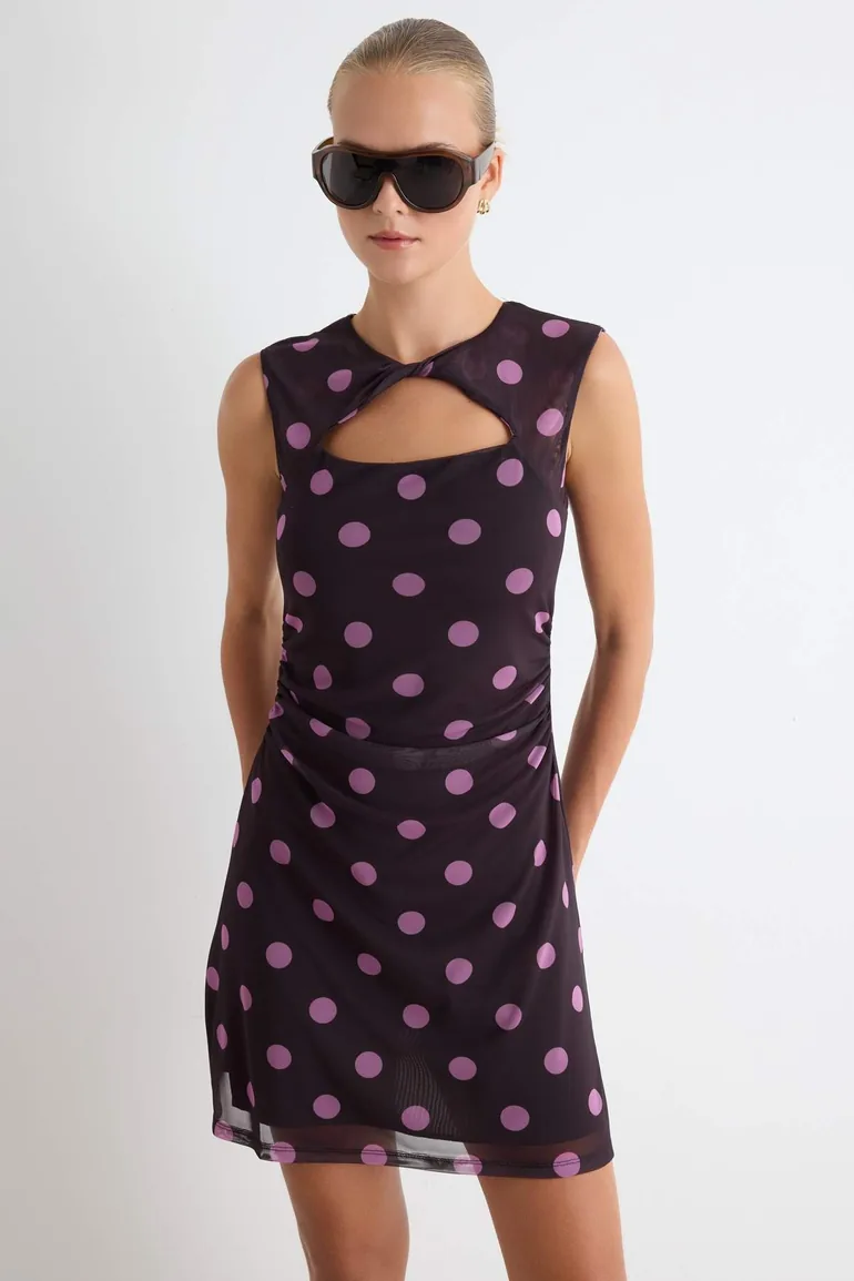 Multi-Colored Polka Dot Bodycon Crew Neck Sleeveless Midi Tulle Lined Knitted Dress - 1