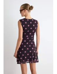 Multi-Colored Polka Dot Bodycon Crew Neck Sleeveless Midi Tulle Lined Knitted Dress - 3
